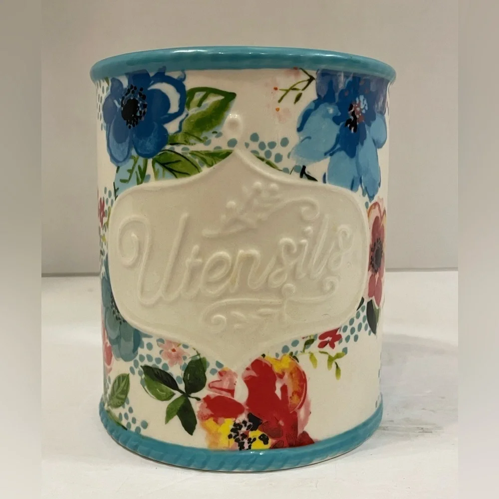 The Pioneer Woman Stoneware Utensil Holder Crock Melody Floral Embossed Utensils